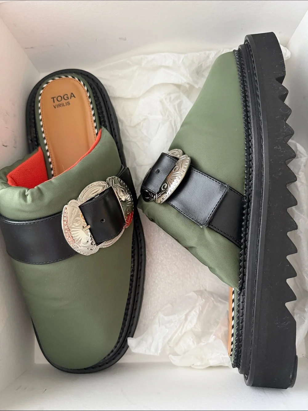 TOGA Virilis AJ 1357 Olive Nylon Slip-on Buckle Mules Men’s EU 45 / US 12